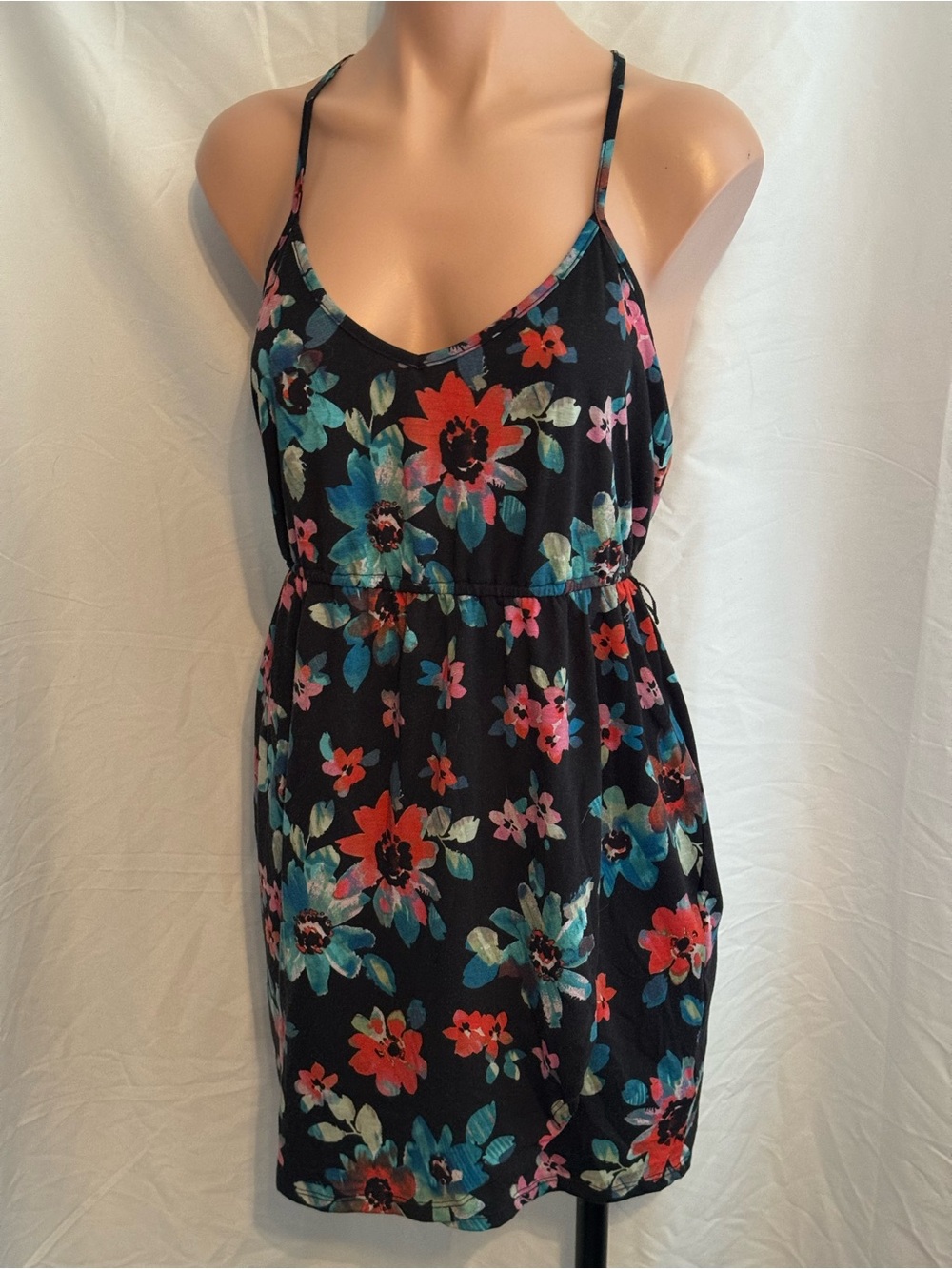 Black with Bold Floral Faux Wrap Spaghetti Strap Sundress